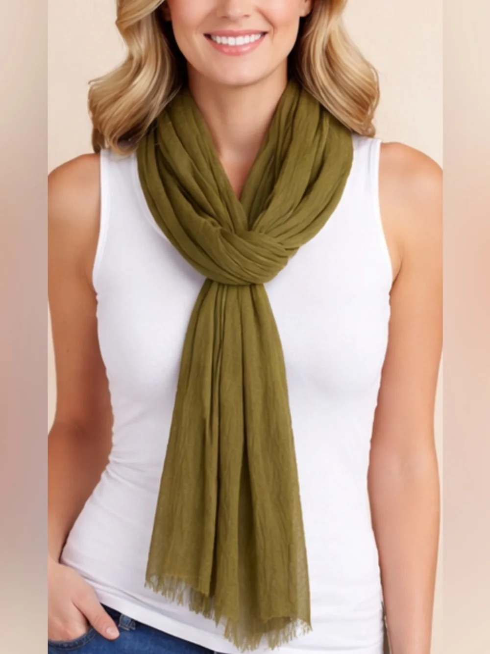 Olive Green Gauzy Scarf Lightweight Crinkle Texture Boho Wrap